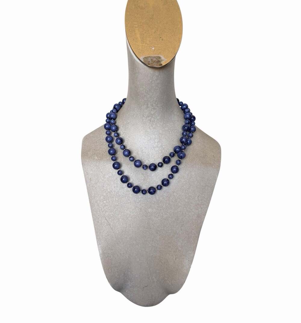 Vintage Blue Graduated Bead Double Strand Necklace Retro Costume Jewelry